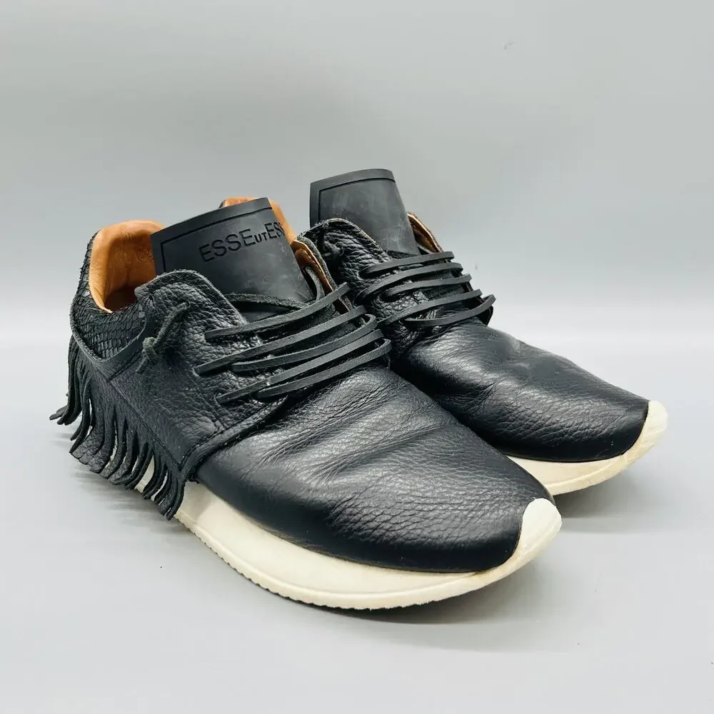 ESSEutESSE Shoes Women 7.5 Black Pebbled Leather Fringe Low Top Sneakers Comfort